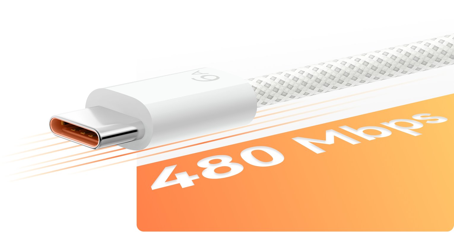 华为编织数据线 (Max 120 W)侧视图,展示了数据线的抗扰与高效传输特性