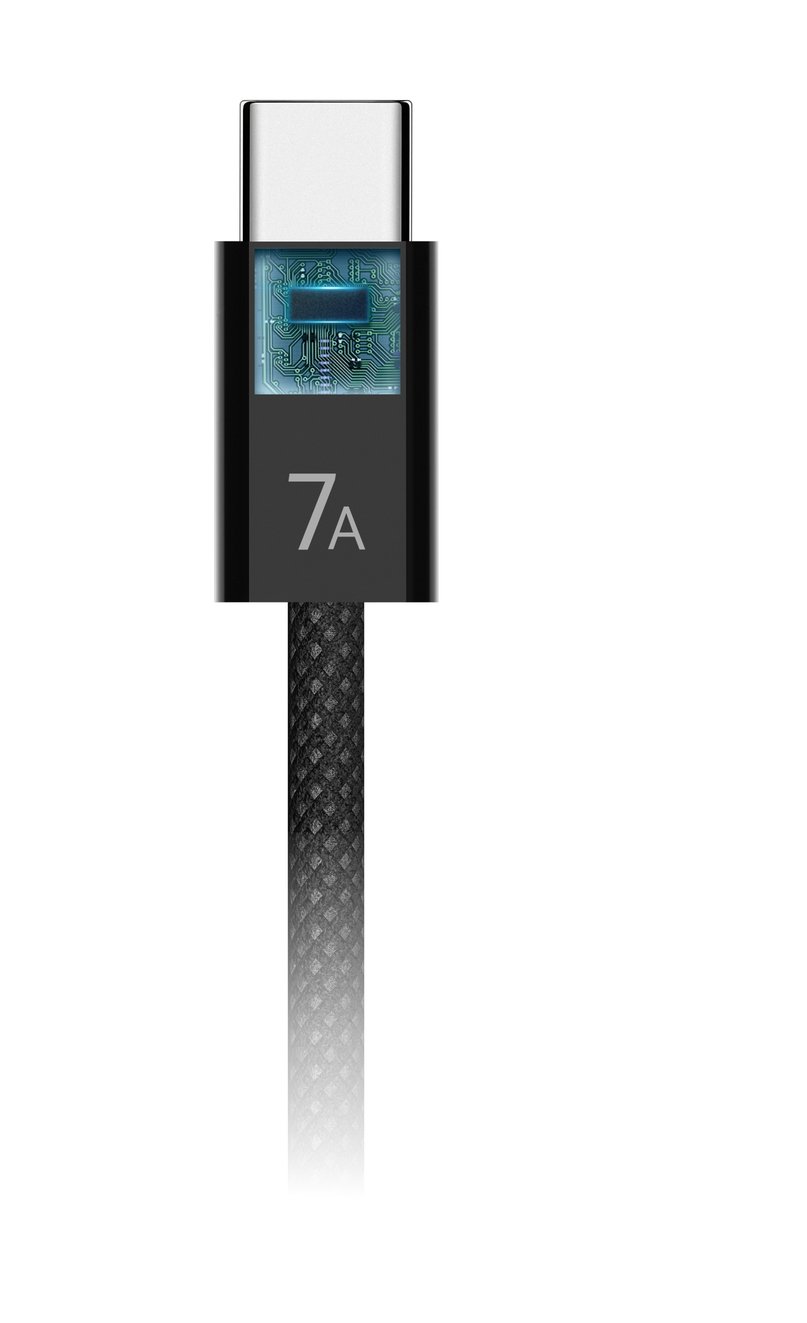 华为编织数据线(Max 140 W) E-Marker 芯片特写图,展示了数据线稳定速充更安全的特性