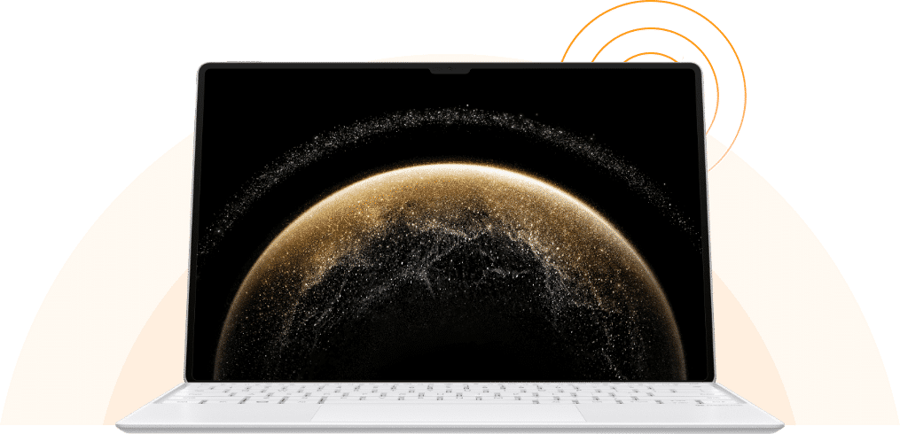 华为智能磁吸键盘（适用于 HUAWEI MatePad Pro 13.2 英寸） 带平板正面角度图，信号扩散示意，展示信号增强功能