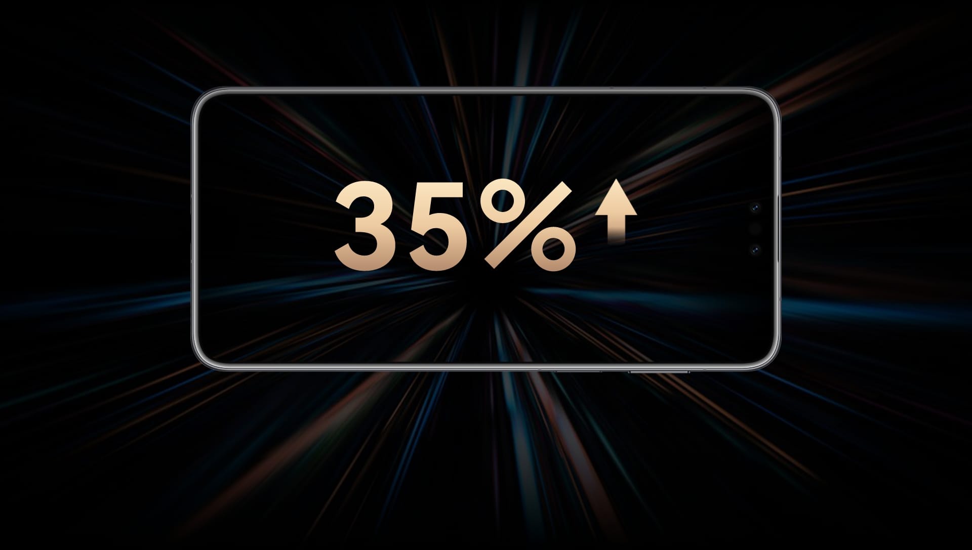 HUAWEI Mate 70 Pro 优享版 手机正面图,展示性能提升的数字。