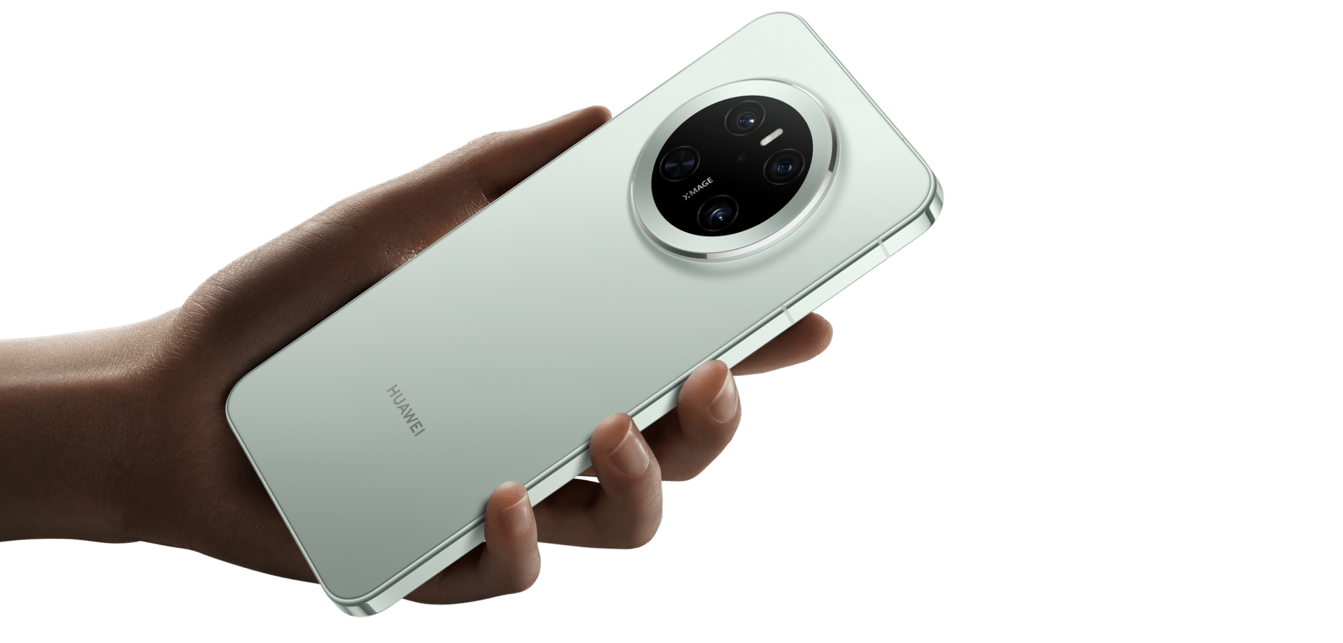HUAWEI Mate 70 左手拿着手机,展示手机背面颜色和星环设计