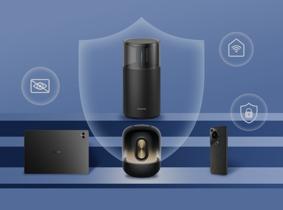 华为路由 X1 Pro 连接平板、音箱、手机，展示了守护家中网络安全的功能