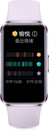 手机界面上呈现情绪周期统计数据,紫色华为手环 10 上呈现情绪状态,展示了手环的情绪健康管理功能