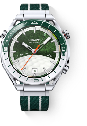 HUAWEI WATCH Ultimate 绿色正面图,展示 1.5 英寸 LTPO AMOLED 蓝宝石玻璃屏幕